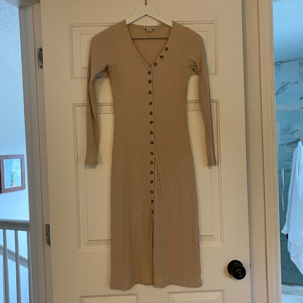 American Eagle Ribbed Button Front Midi Dress